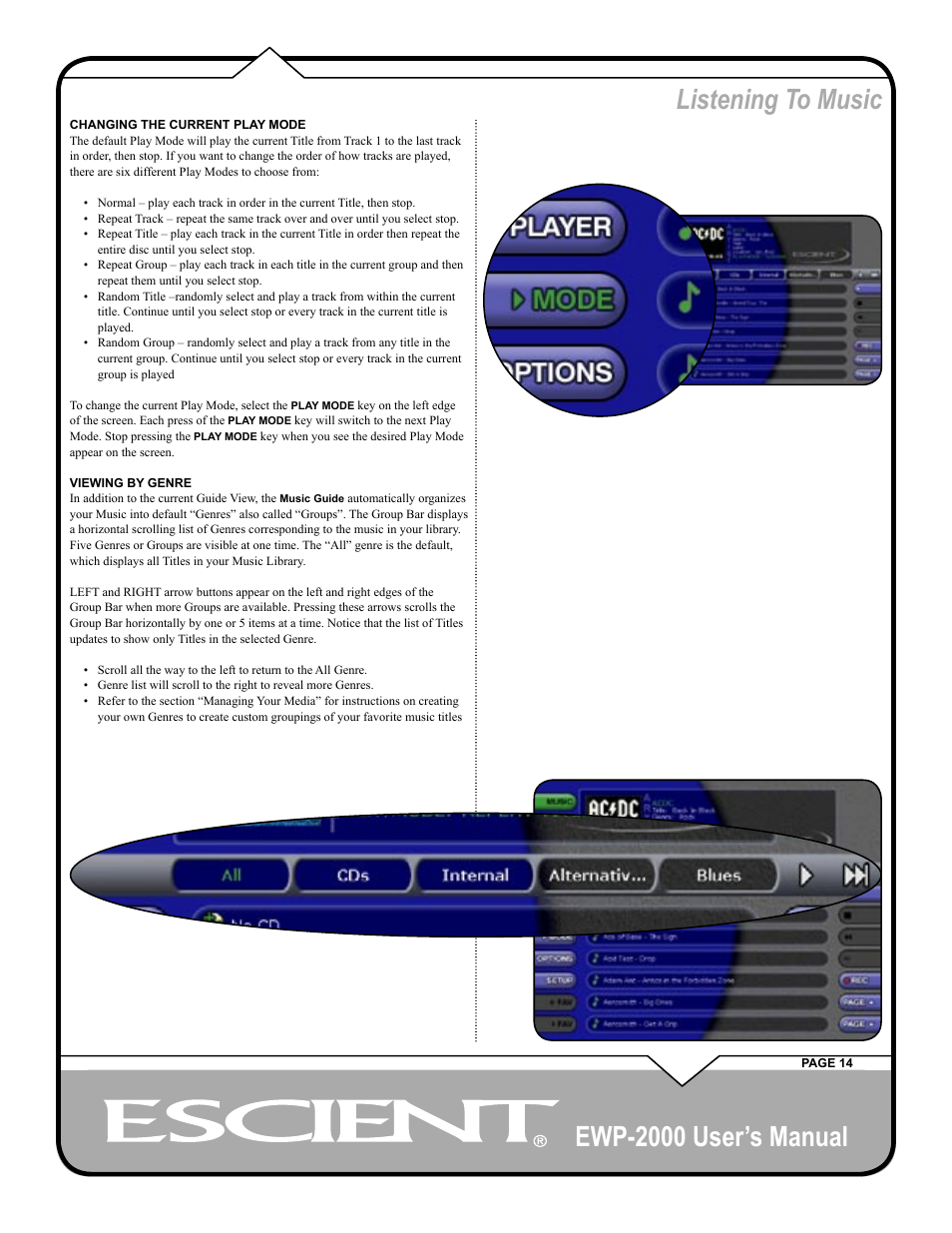 Ewp-2000 user’s manual, Listening to music | Escient EWP-2000 User Manual | Page 14 / 44