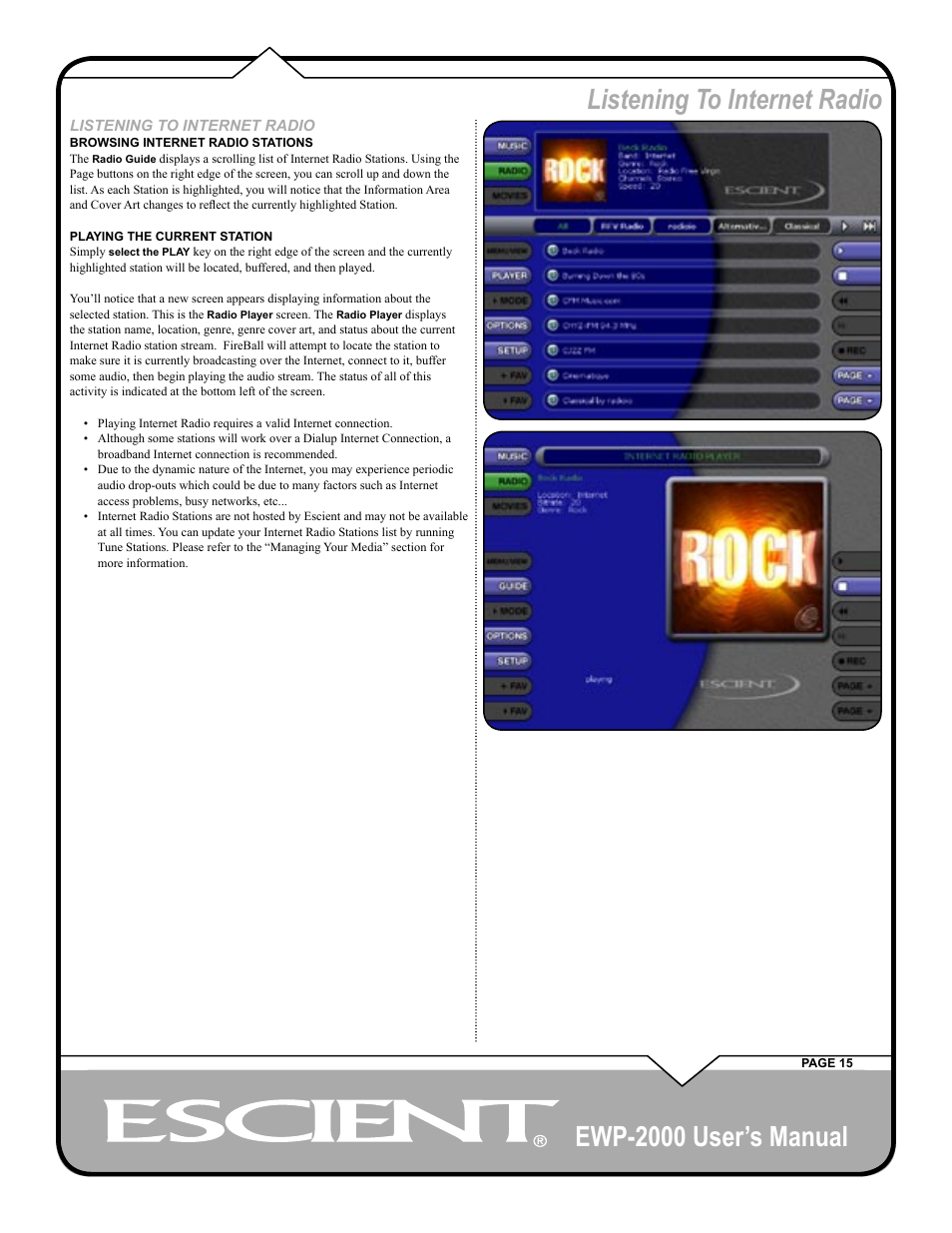 Ewp-2000 user’s manual, Listening to internet radio | Escient EWP-2000 User Manual | Page 15 / 44