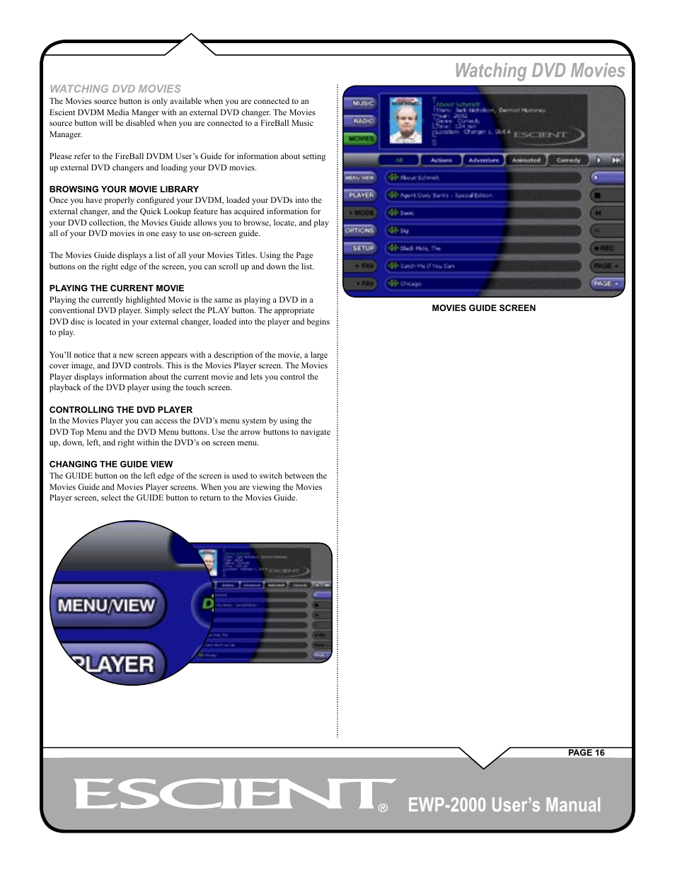 Ewp-2000 user’s manual, Watching dvd movies | Escient EWP-2000 User Manual | Page 16 / 44