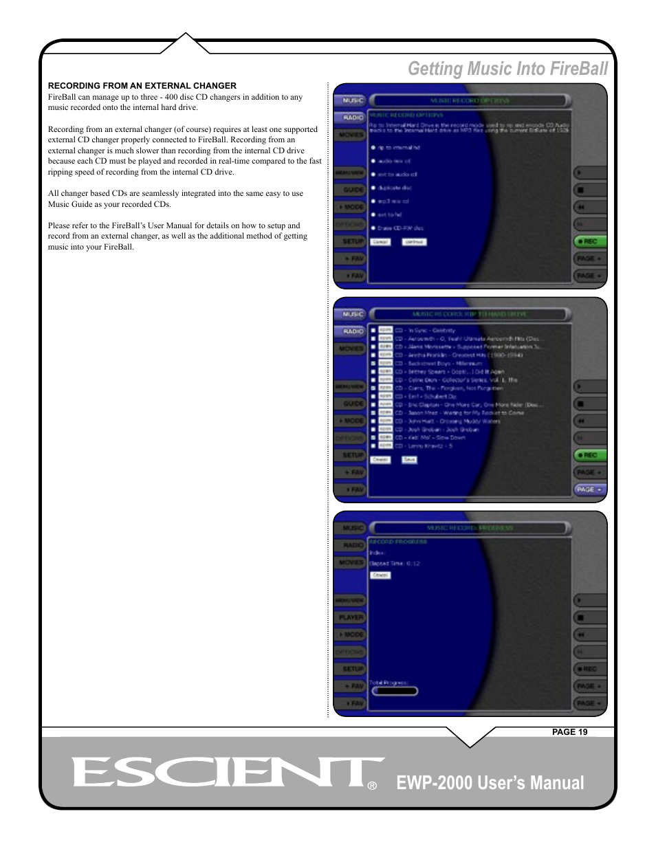 Ewp-2000 user’s manual, Getting music into fireball | Escient EWP-2000 User Manual | Page 19 / 44