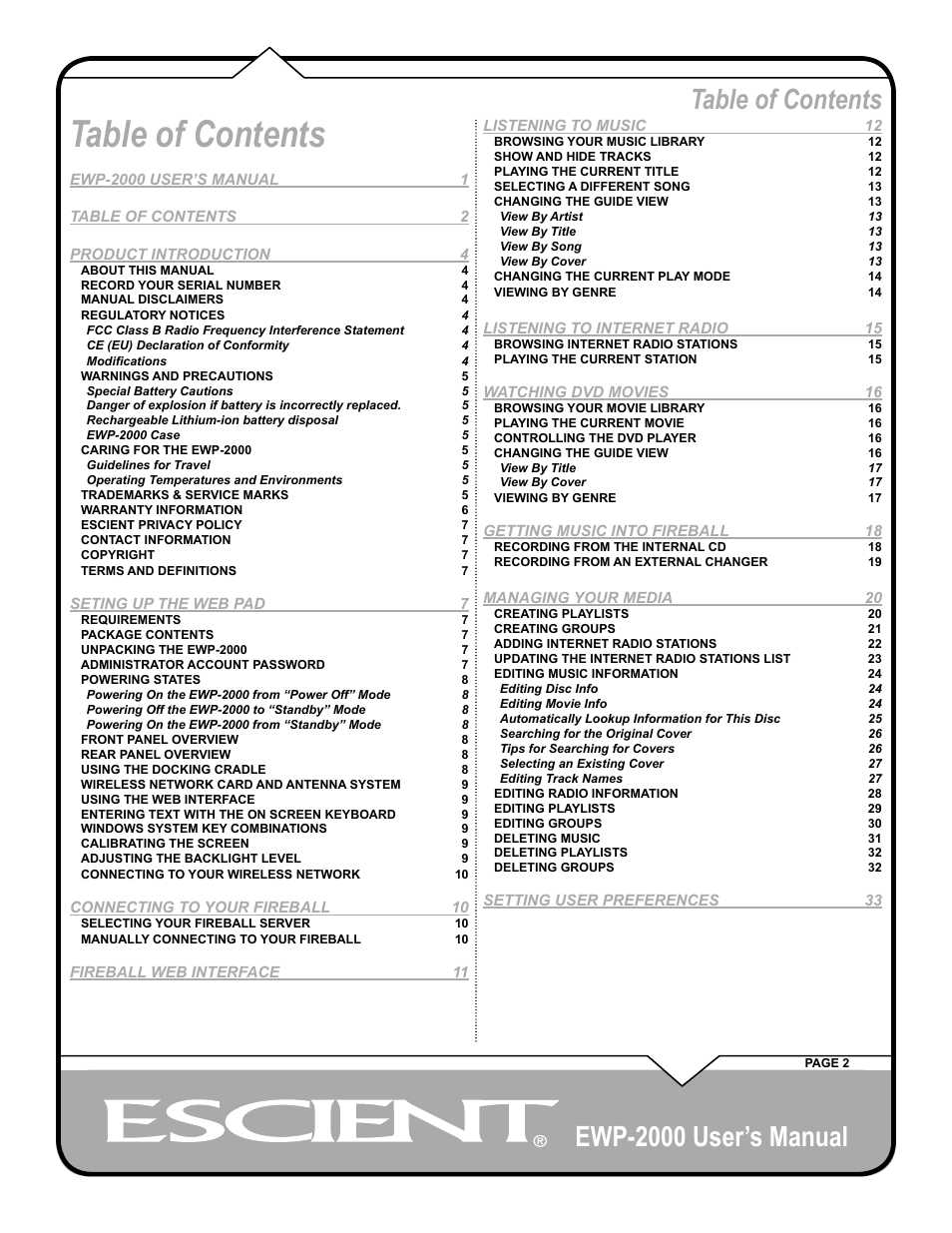 Escient EWP-2000 User Manual | Page 2 / 44
