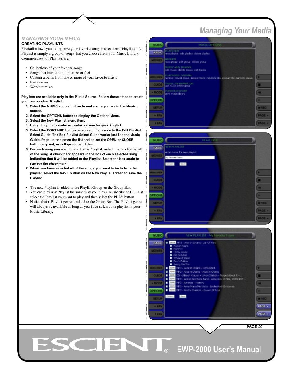 Ewp-2000 user’s manual, Managing your media | Escient EWP-2000 User Manual | Page 20 / 44