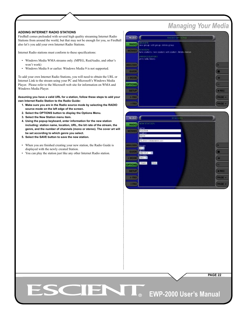 Ewp-2000 user’s manual, Managing your media | Escient EWP-2000 User Manual | Page 22 / 44