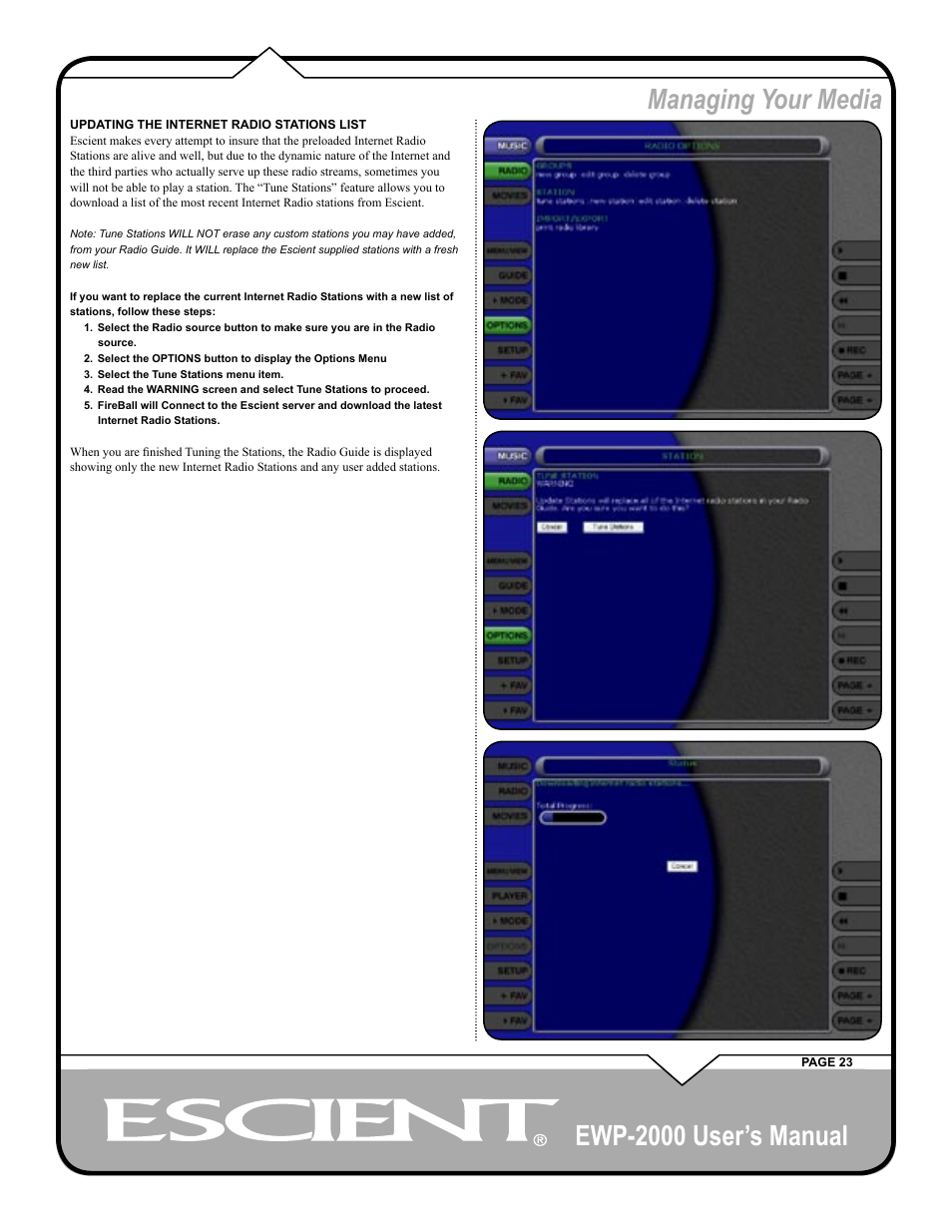 Ewp-2000 user’s manual, Managing your media | Escient EWP-2000 User Manual | Page 23 / 44