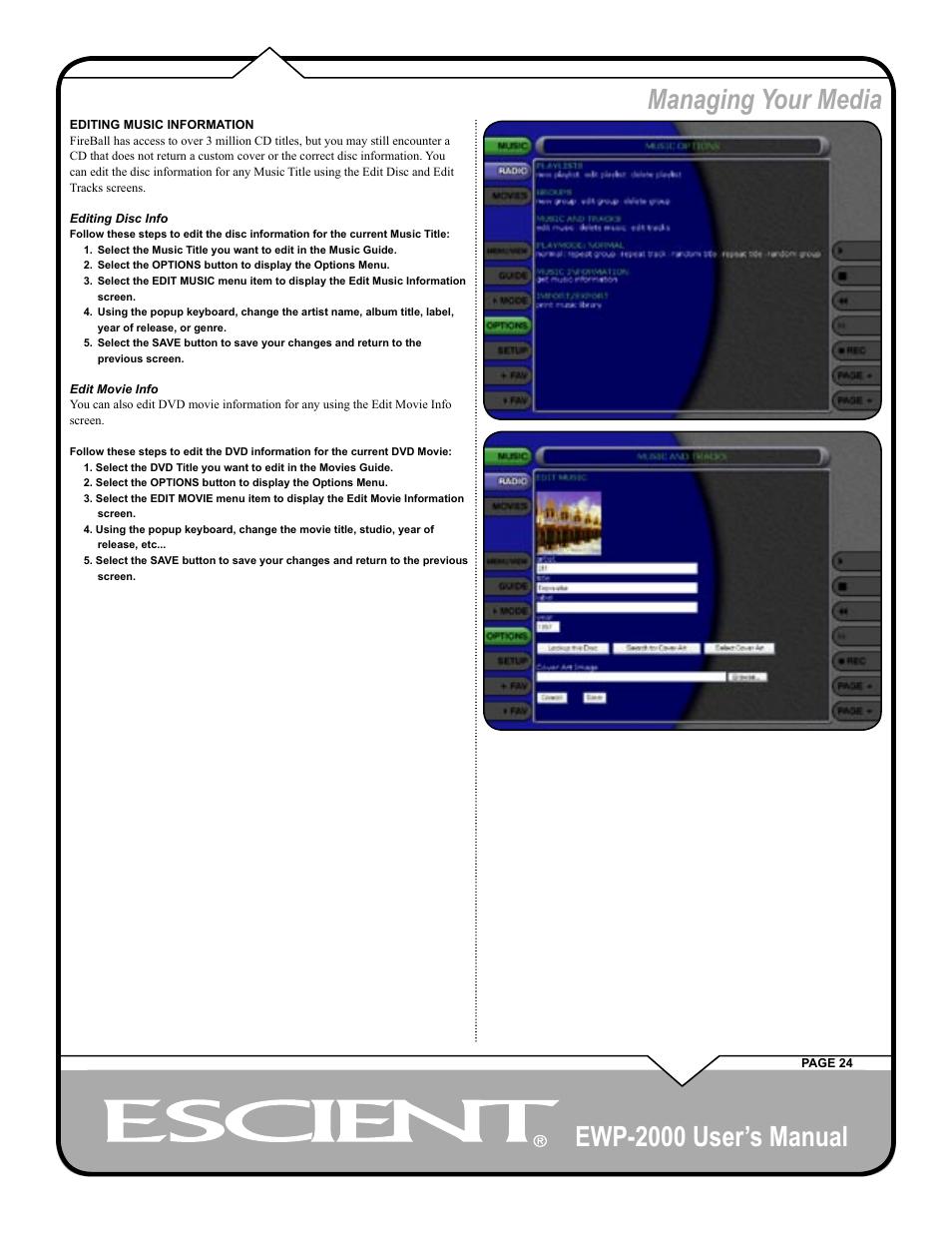 Ewp-2000 user’s manual, Managing your media | Escient EWP-2000 User Manual | Page 24 / 44