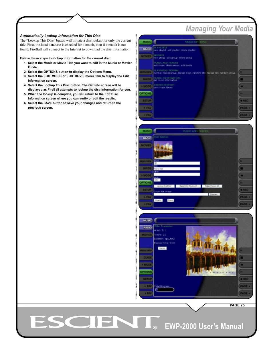 Ewp-2000 user’s manual, Managing your media | Escient EWP-2000 User Manual | Page 25 / 44