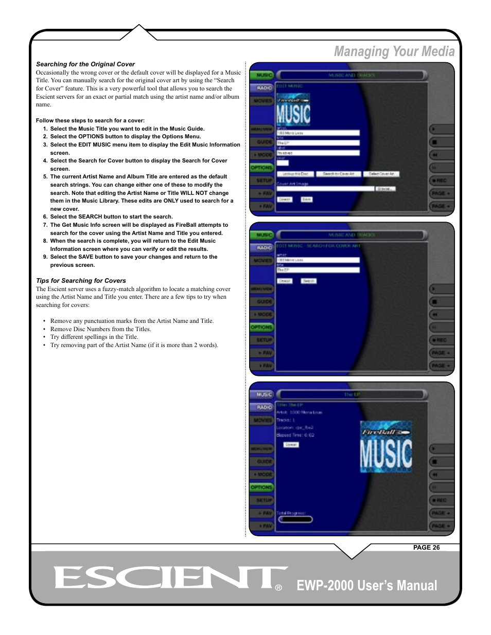 Ewp-2000 user’s manual, Managing your media | Escient EWP-2000 User Manual | Page 26 / 44