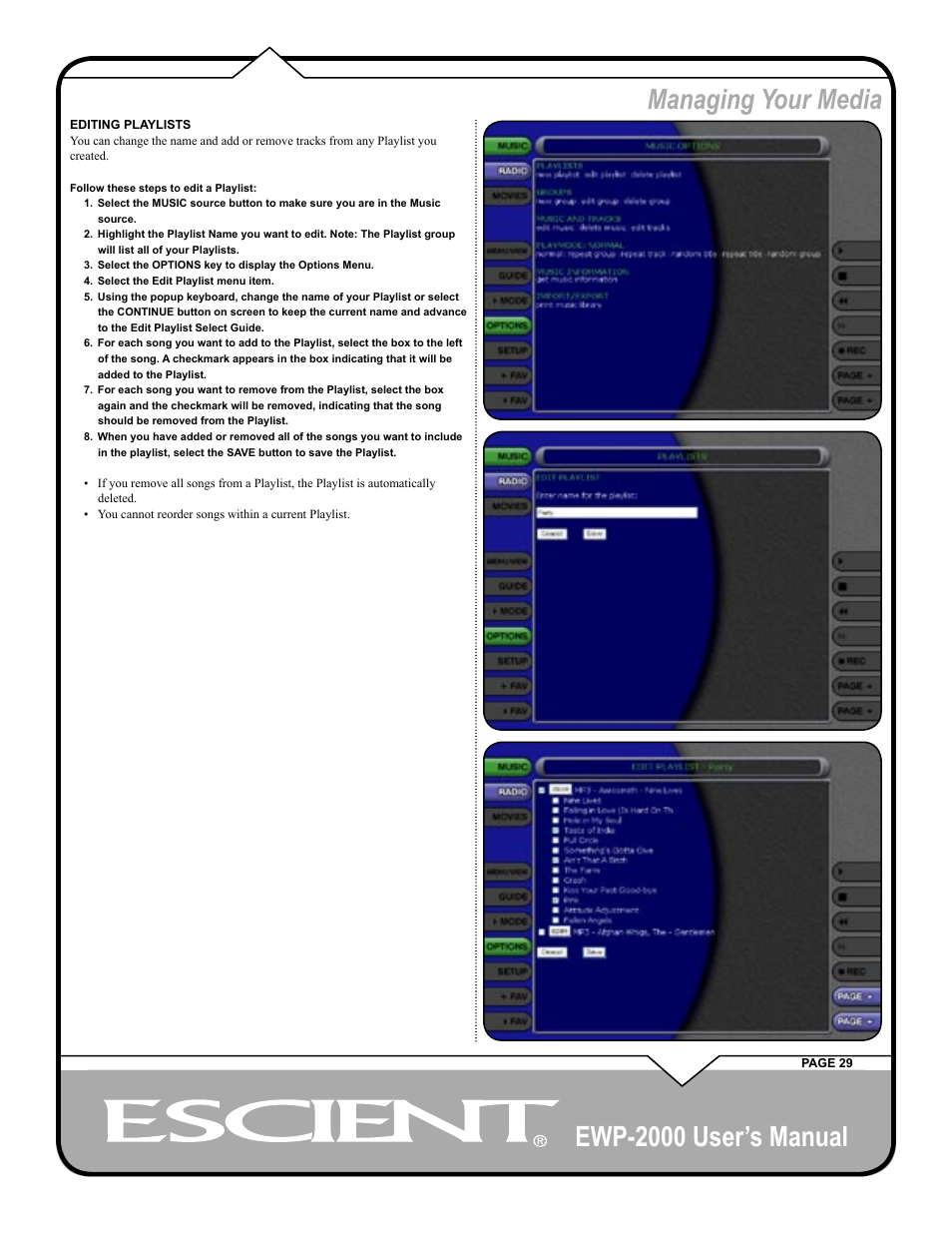 Ewp-2000 user’s manual, Managing your media | Escient EWP-2000 User Manual | Page 29 / 44