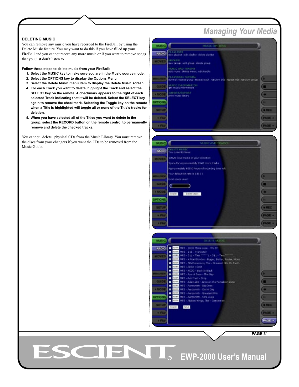 Ewp-2000 user’s manual, Managing your media | Escient EWP-2000 User Manual | Page 31 / 44
