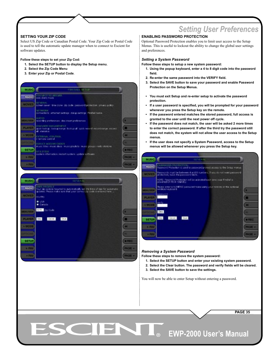 Ewp-2000 user’s manual, Setting user preferences | Escient EWP-2000 User Manual | Page 35 / 44