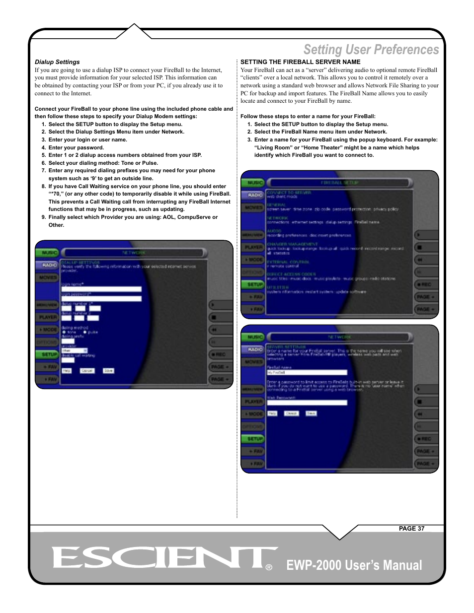 Ewp-2000 user’s manual, Setting user preferences | Escient EWP-2000 User Manual | Page 37 / 44