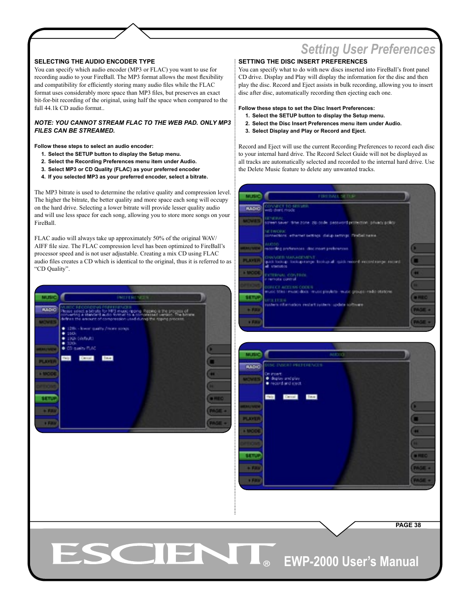 Ewp-2000 user’s manual, Setting user preferences | Escient EWP-2000 User Manual | Page 38 / 44