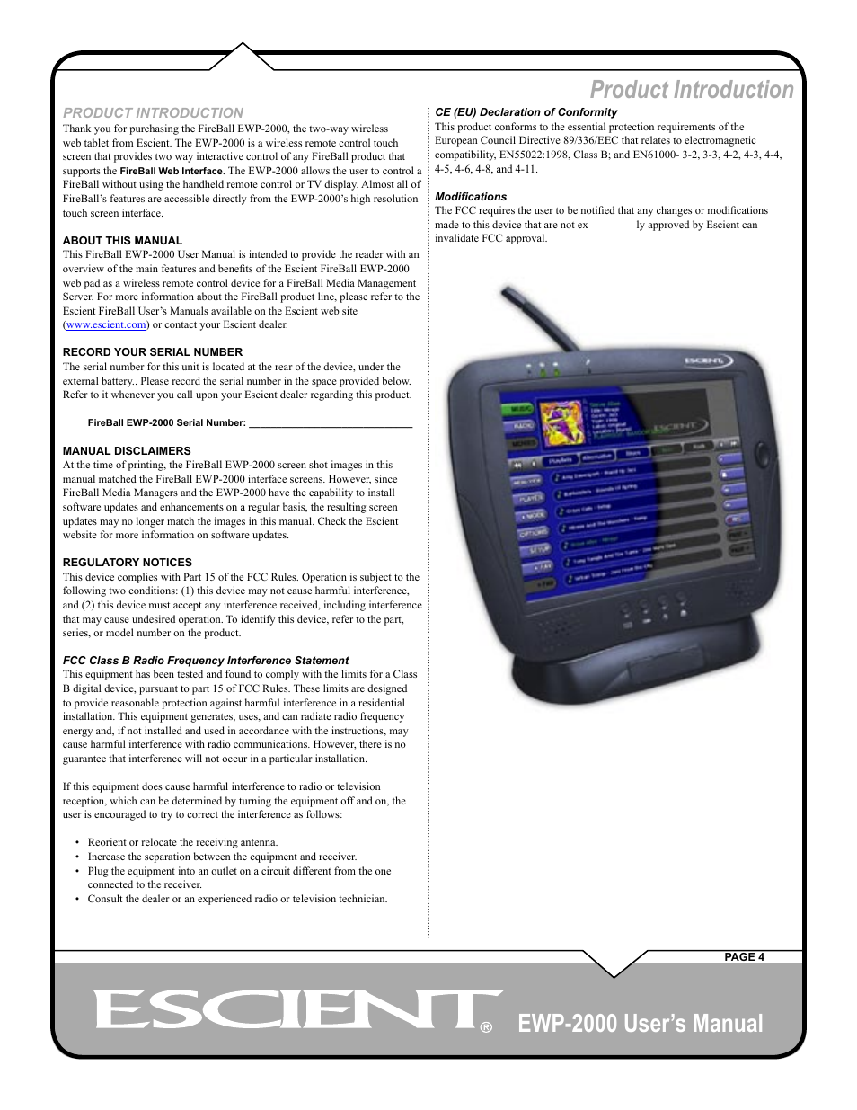 Ewp-2000 user’s manual, Product introduction | Escient EWP-2000 User Manual | Page 4 / 44