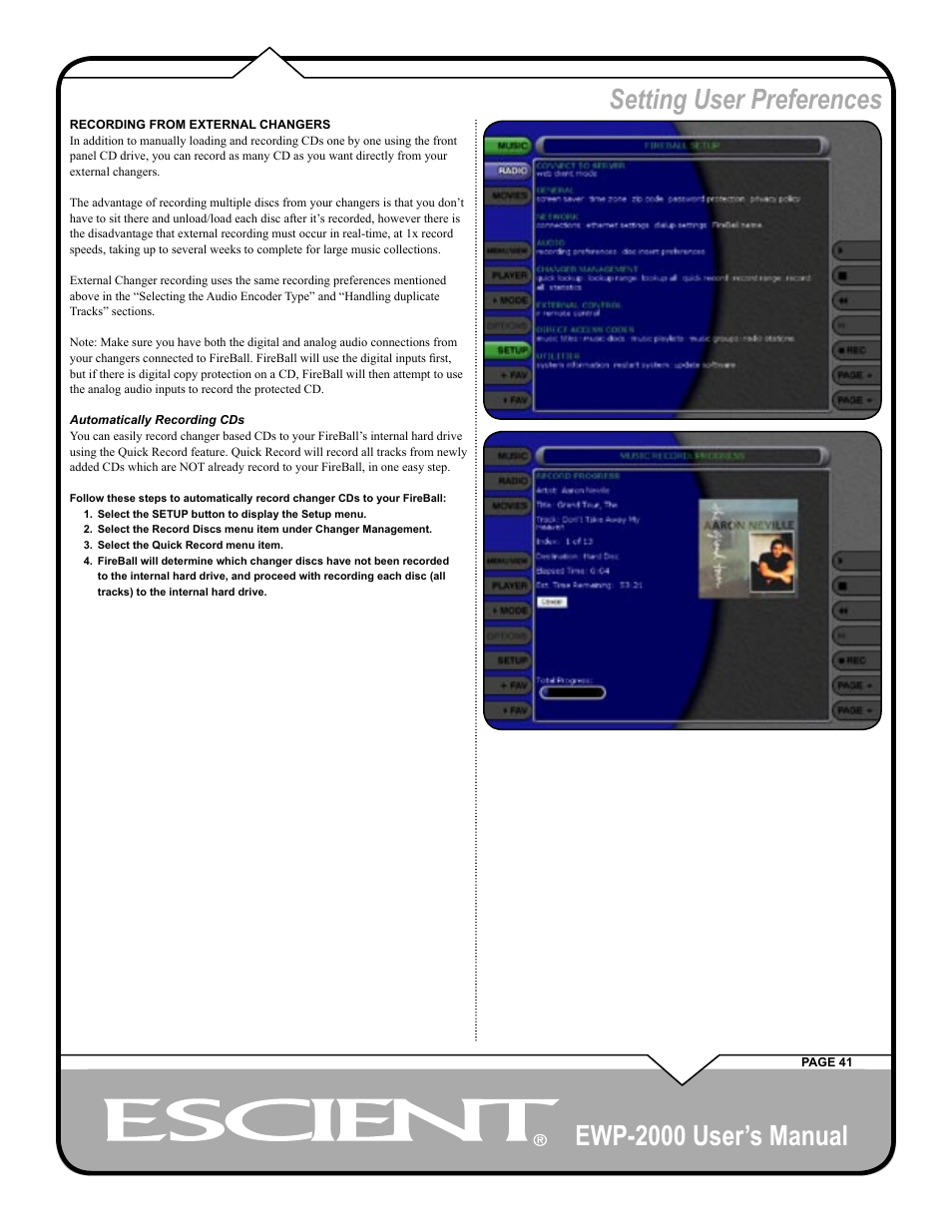 Ewp-2000 user’s manual, Setting user preferences | Escient EWP-2000 User Manual | Page 41 / 44