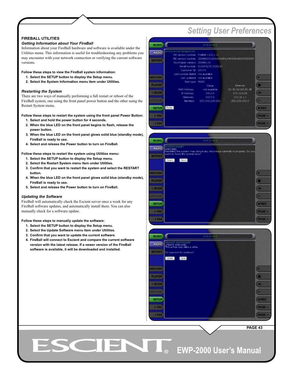 Ewp-2000 user’s manual, Setting user preferences | Escient EWP-2000 User Manual | Page 43 / 44