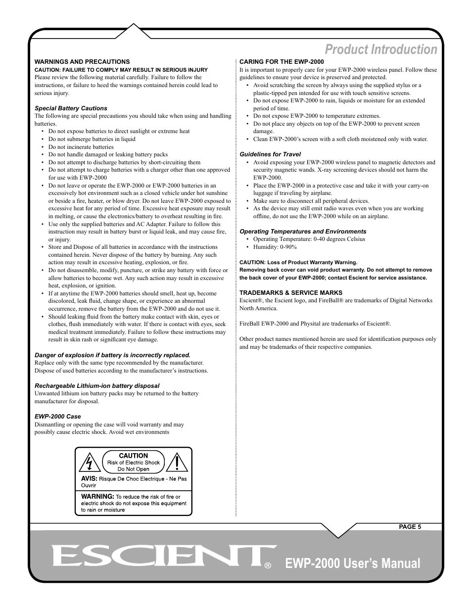 Ewp-2000 user’s manual, Product introduction | Escient EWP-2000 User Manual | Page 5 / 44