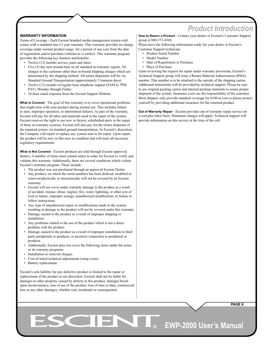 Ewp-2000 user’s manual, Product introduction | Escient EWP-2000 User Manual | Page 6 / 44