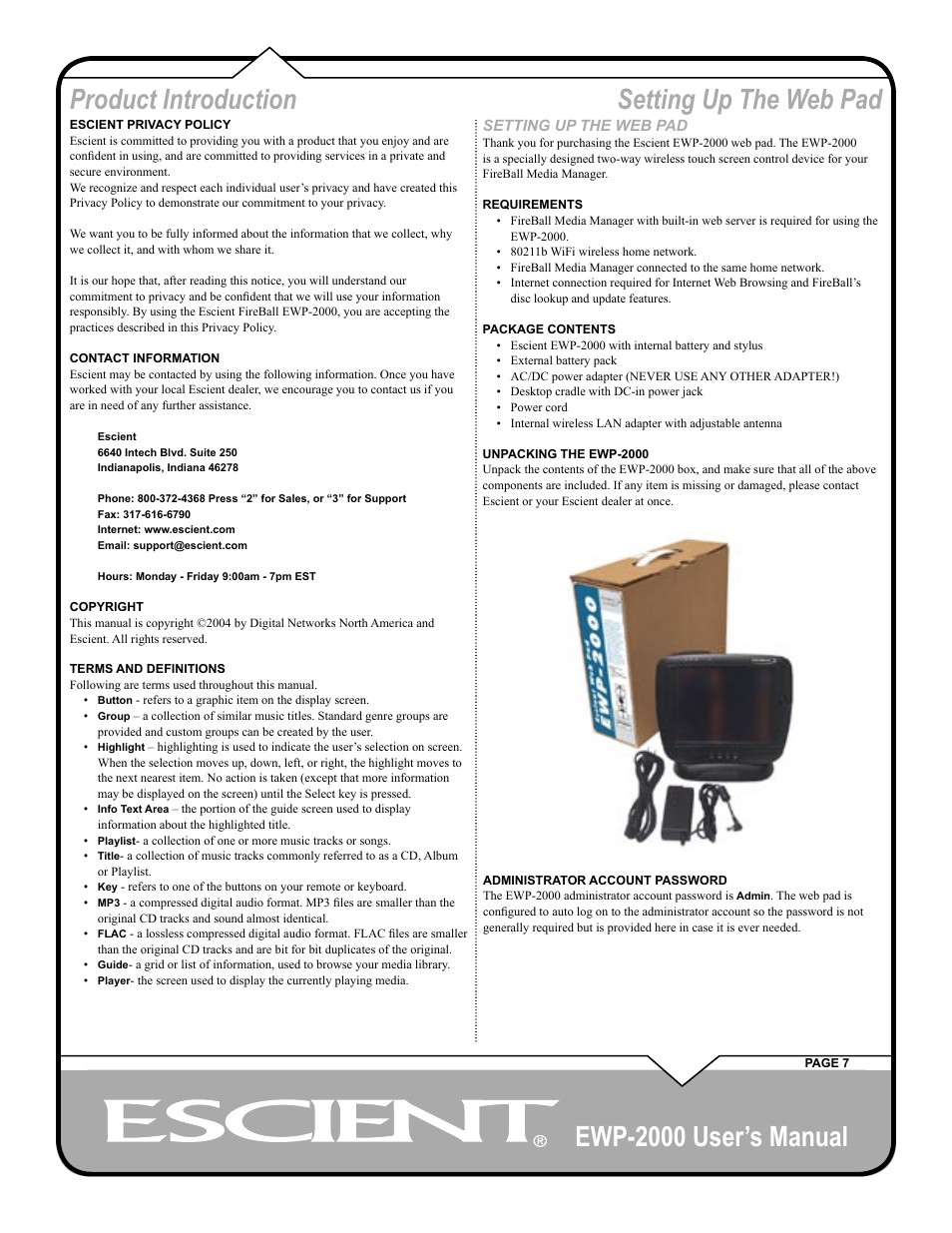 Ewp-2000 user’s manual, Setting up the web pad product introduction | Escient EWP-2000 User Manual | Page 7 / 44