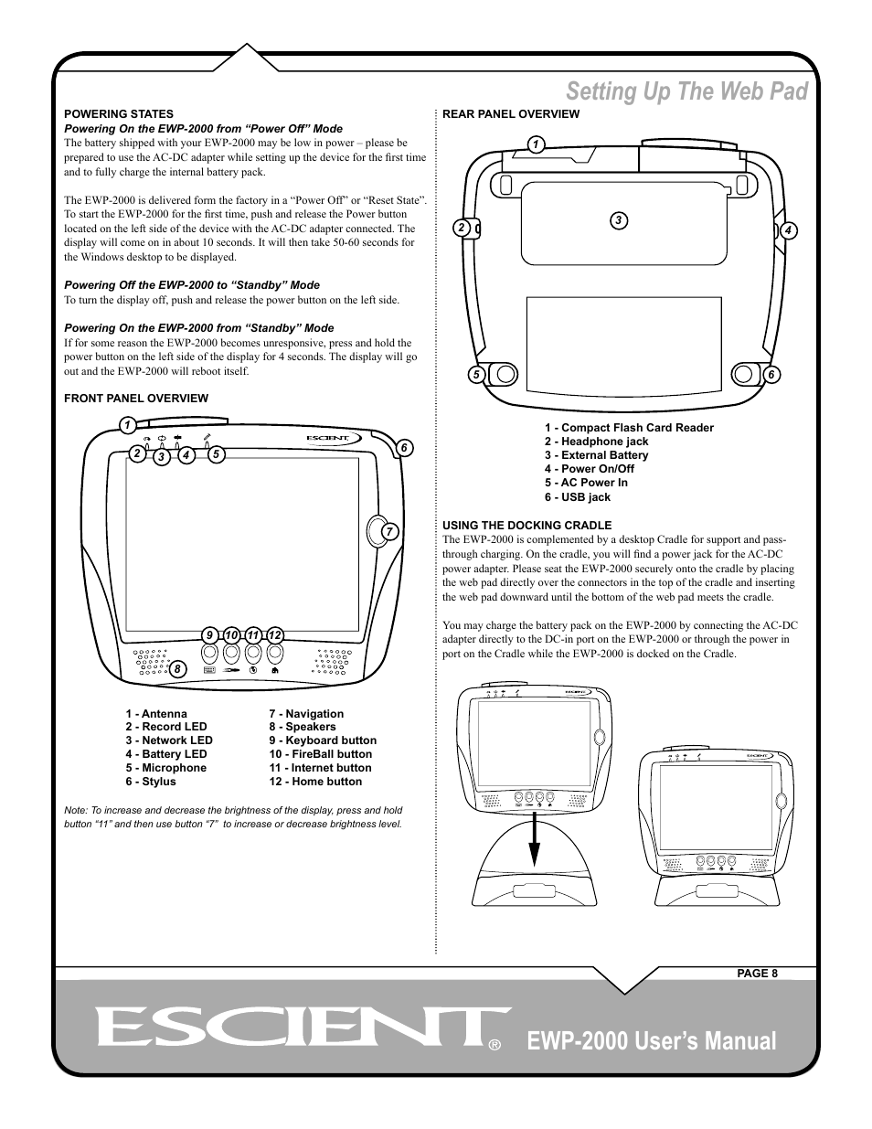 Ewp-2000 user’s manual, Setting up the web pad | Escient EWP-2000 User Manual | Page 8 / 44