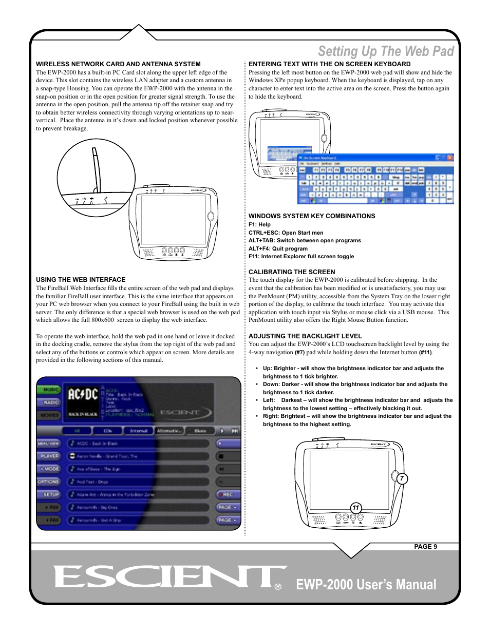 Ewp-2000 user’s manual, Setting up the web pad | Escient EWP-2000 User Manual | Page 9 / 44