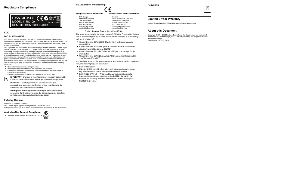 Regulatory compliance, Limited 2 year warranty, About this document | Escient RC100 User Manual | Page 2 / 2