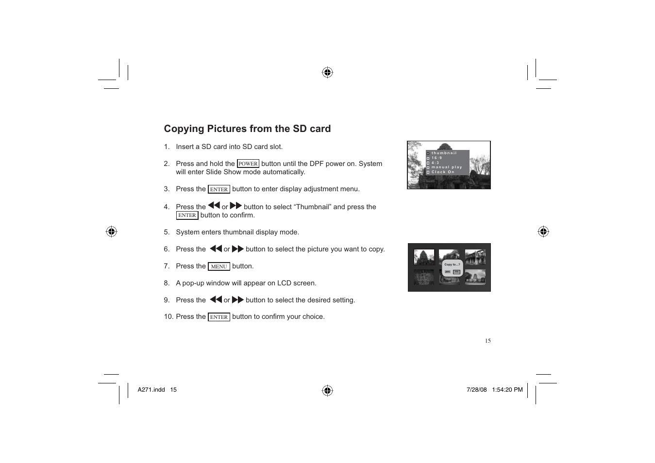 Copying pictures from the sd card | Element Electronics EFG272 User Manual | Page 15 / 22