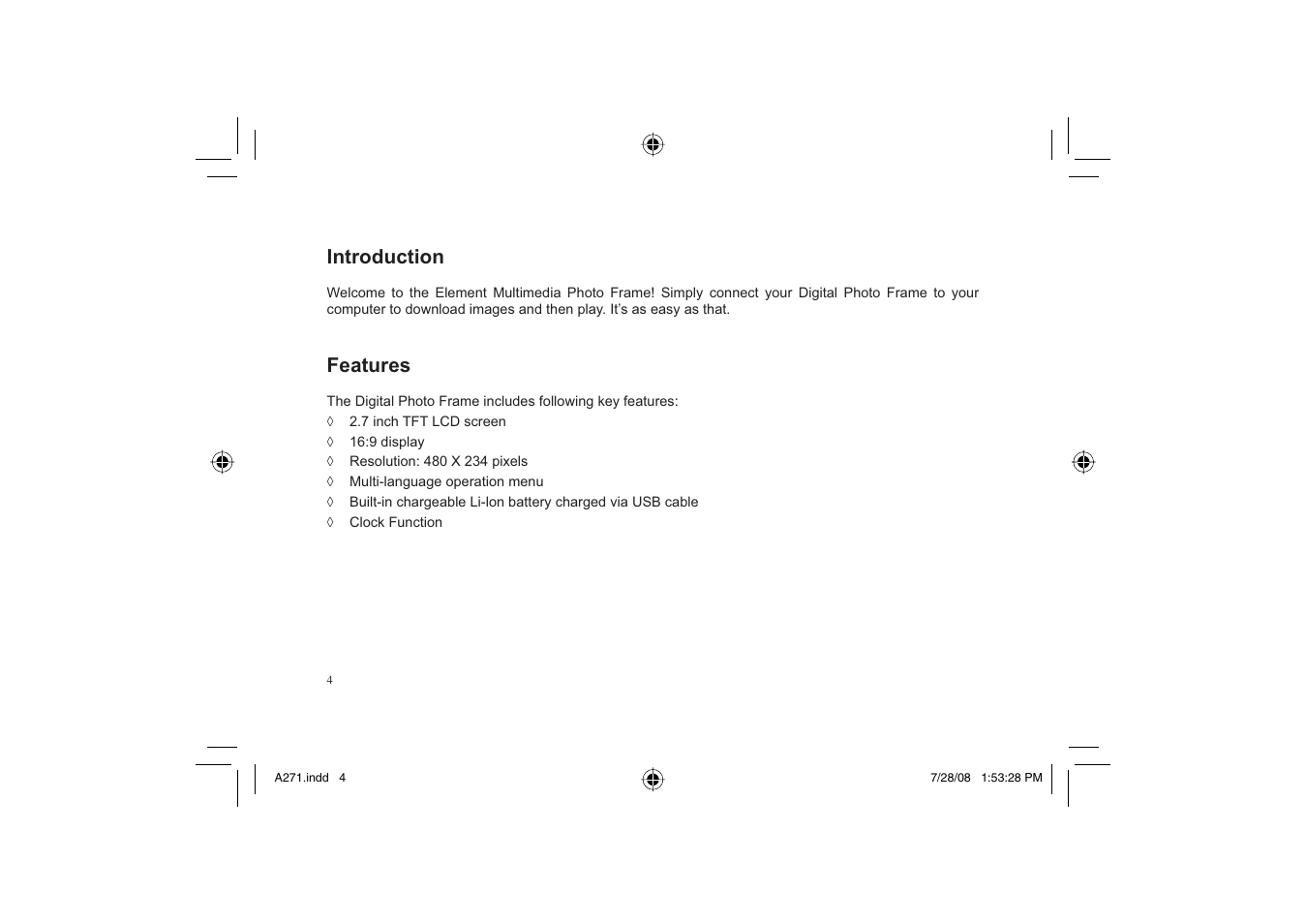 Introduction, Features | Element Electronics EFG272 User Manual | Page 4 / 22