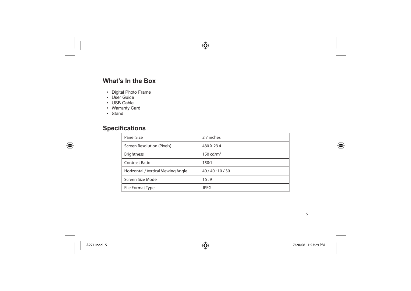 What’s in the box, 6shfl¿fdwlrqv | Element Electronics EFG272 User Manual | Page 5 / 22