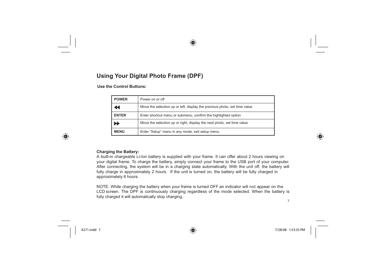 Using your digital photo frame (dpf) | Element Electronics EFG272 User Manual | Page 7 / 22