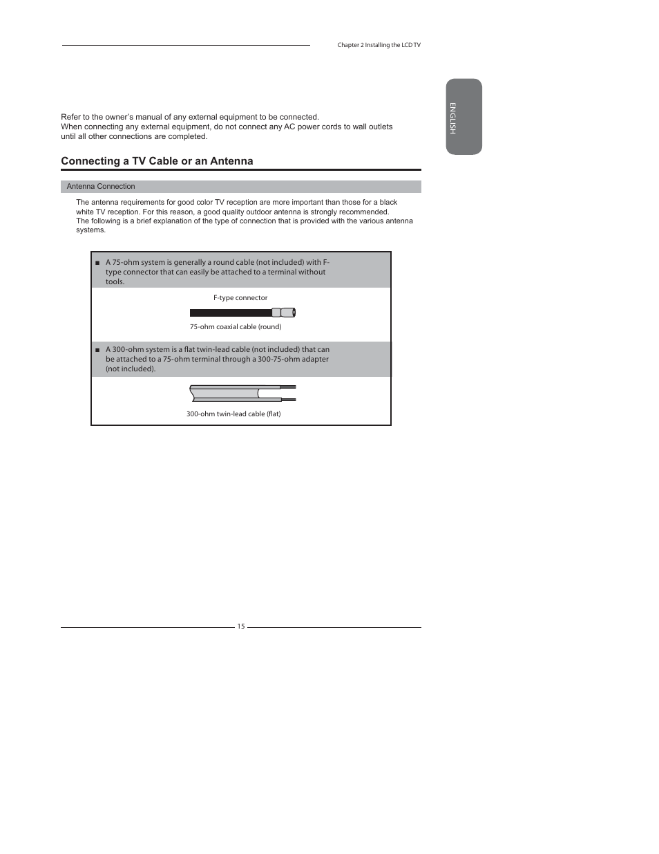 Chapter 2 installing the lcd tv | Element Electronics FLX-3210 User Manual | Page 17 / 49