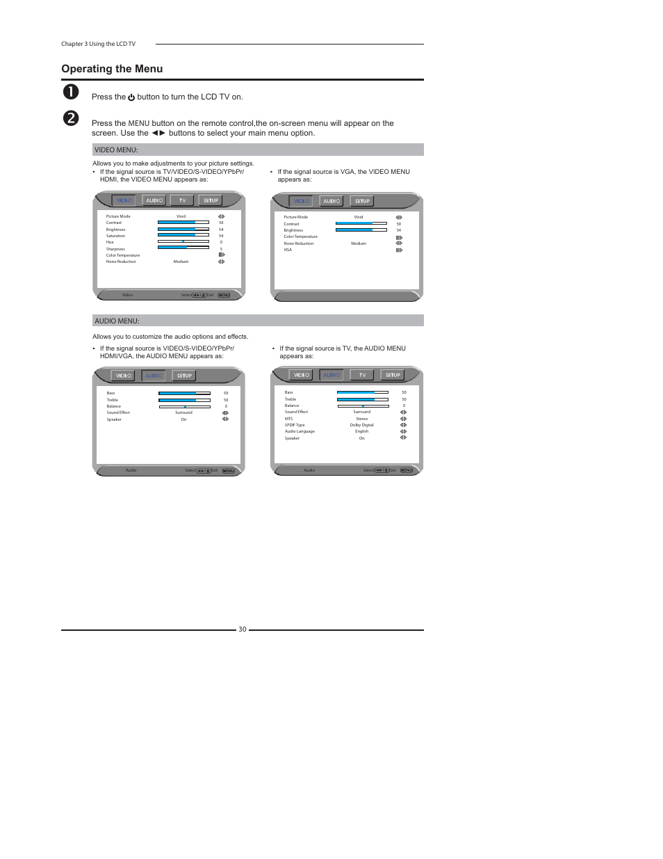 Operating the menu, Press the button to turn the lcd tv on | Element Electronics FLX-3210 User Manual | Page 32 / 49