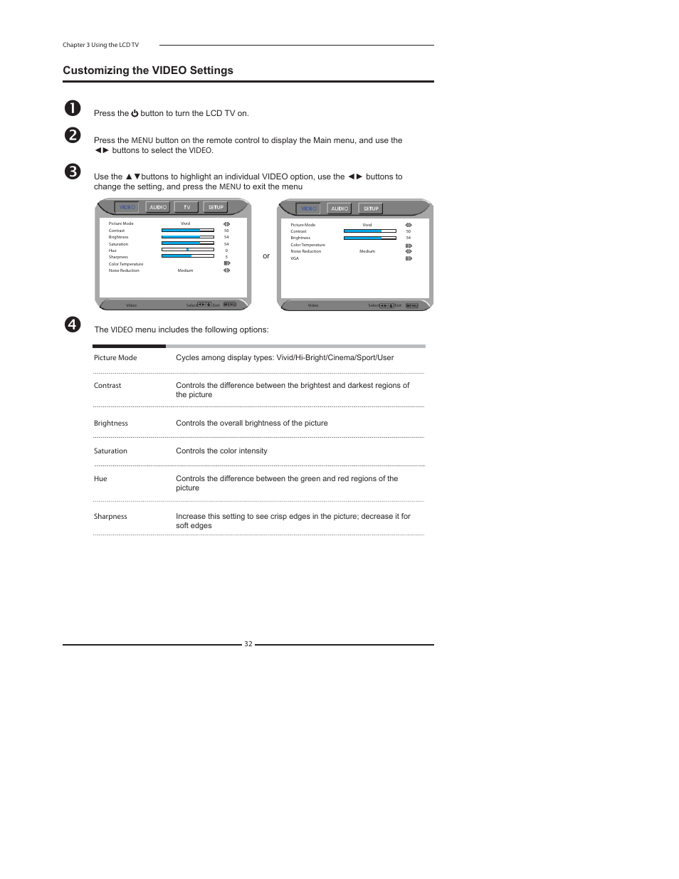 Customizing the video settings | Element Electronics FLX-3210 User Manual | Page 34 / 49