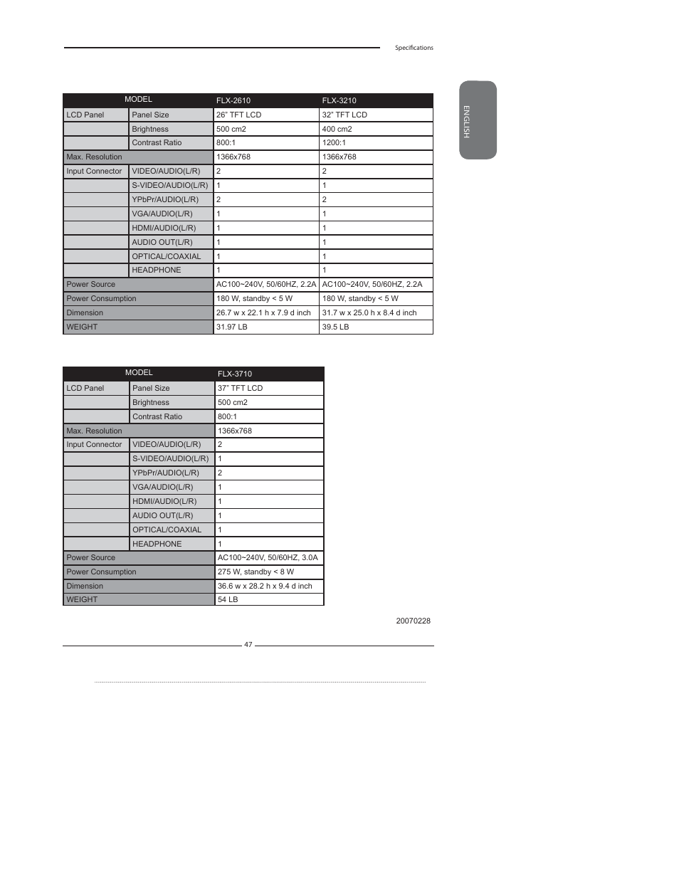 Specifications | Element Electronics FLX-3210 User Manual | Page 49 / 49