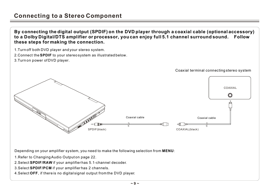 Connecting to a stereo component | Element Electronics ELE E850PD User Manual | Page 11 / 32