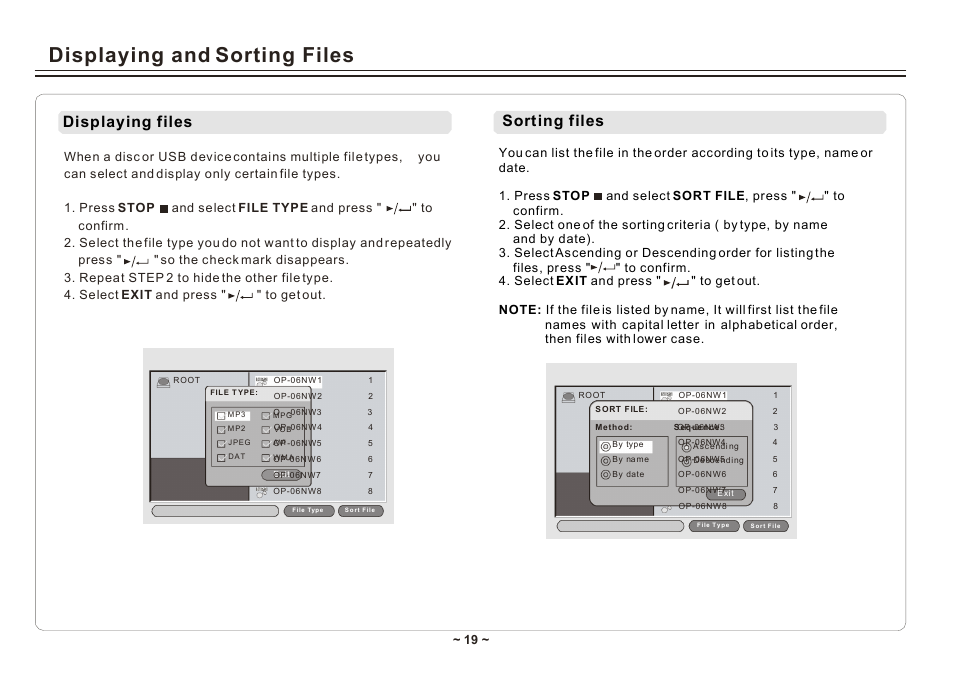 Displaying and sorting files, Displaying files, Sorting files | Element Electronics ELE E850PD User Manual | Page 21 / 32