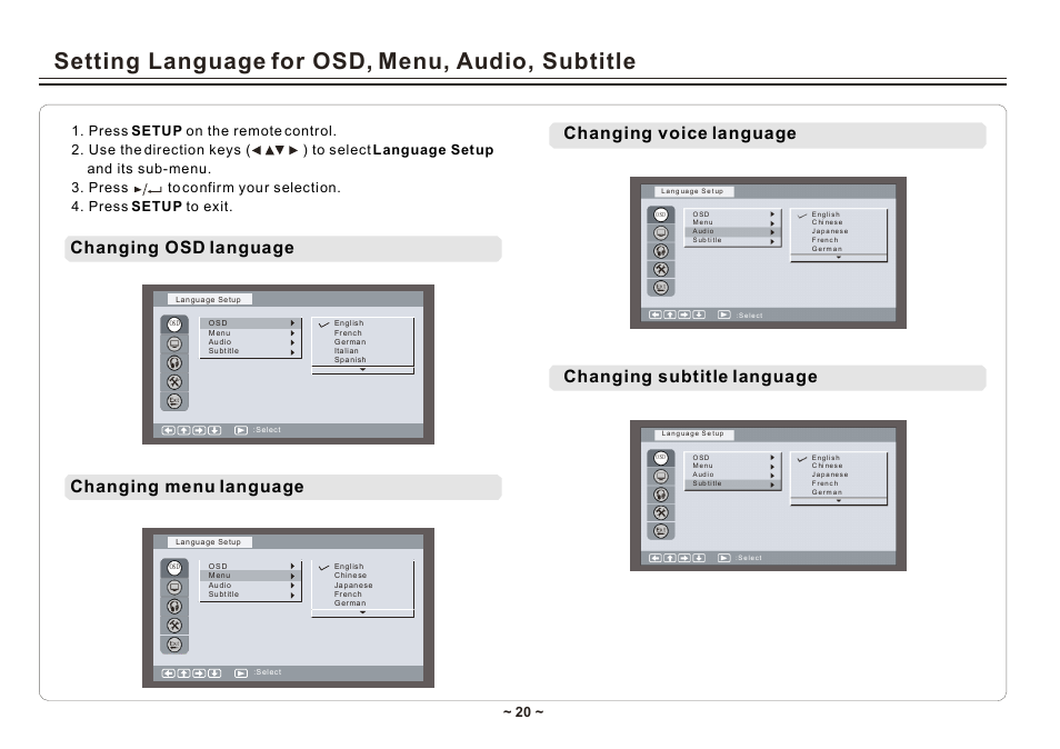 Setting language for osd, menu, audio, subtitle, Changing voice language, Changing osd language | Changing subtitle language, Changing menu language | Element Electronics ELE E850PD User Manual | Page 22 / 32