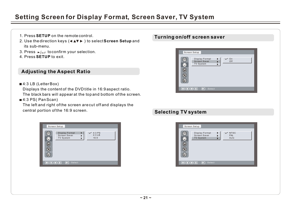 Turning on/off screen saver, Adjusting the aspect ratio, Selecting tv system | Element Electronics ELE E850PD User Manual | Page 23 / 32