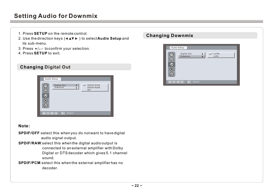 Setting audio for downmix, Changing downmix, Changing digital out | Element Electronics ELE E850PD User Manual | Page 24 / 32