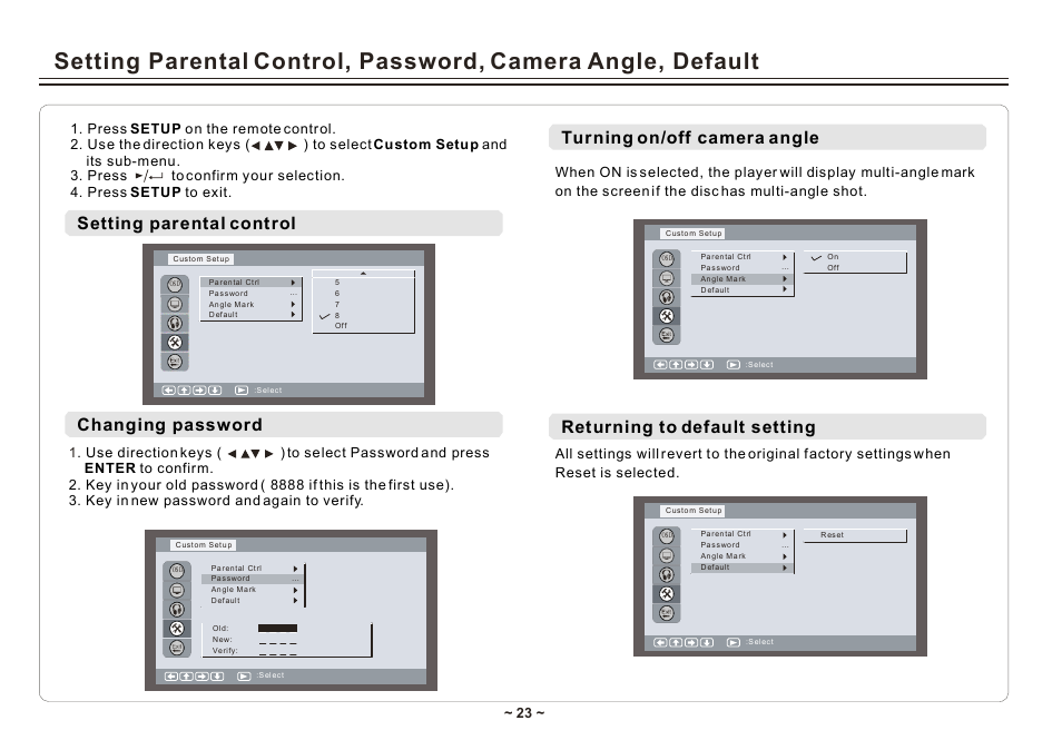 Changing password, Returning to default setting | Element Electronics ELE E850PD User Manual | Page 25 / 32