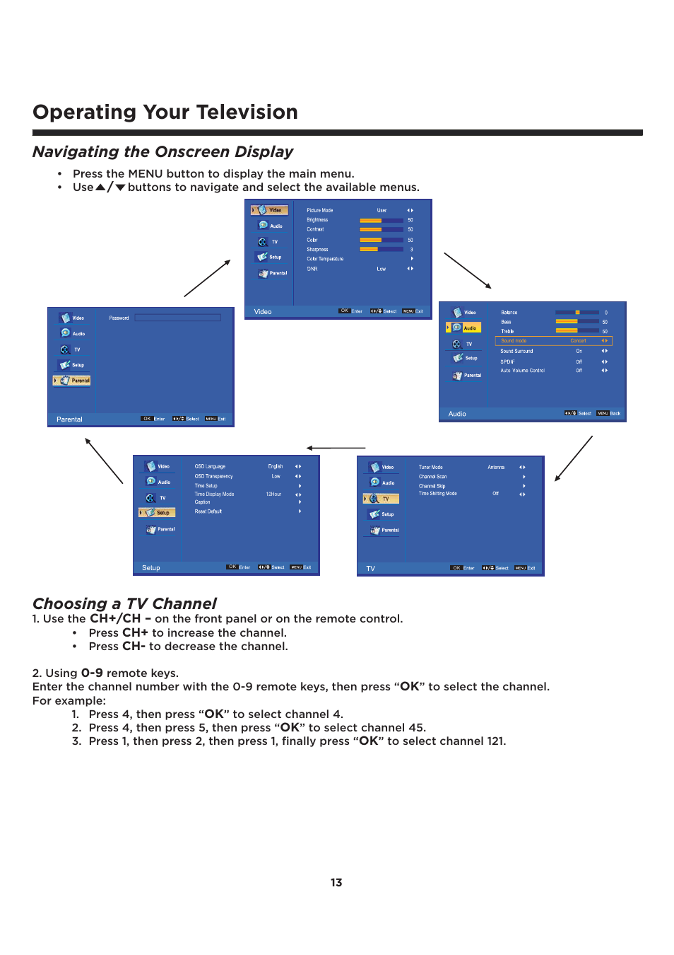 Operating your television, Navigating the onscreen display, Choosing a tv channel | Element Electronics ELCFT241 User Manual | Page 14 / 29