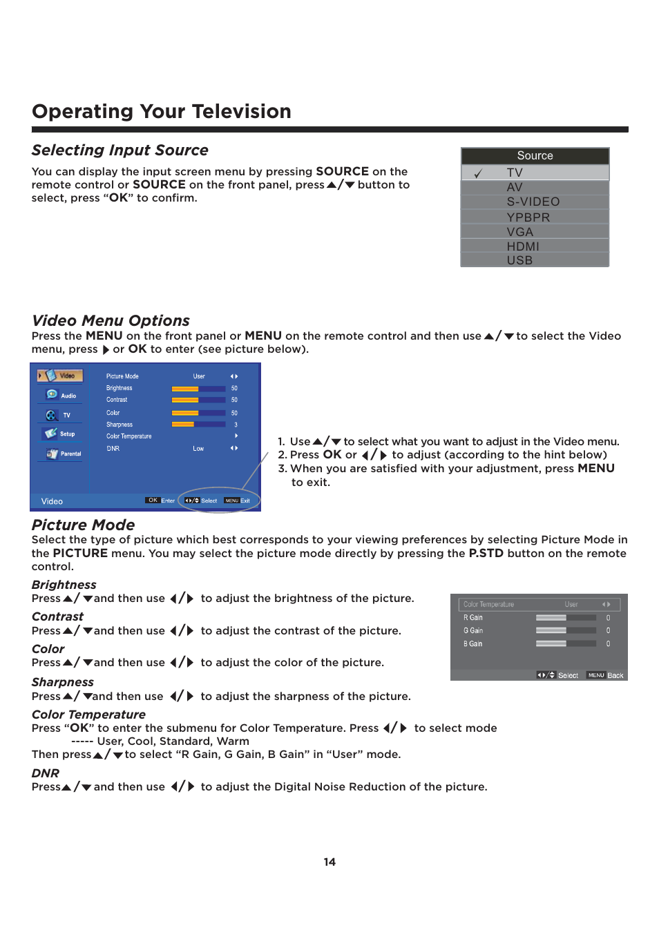 Operating your television, Selecting input source, Video menu options | Picture mode | Element Electronics ELCFT241 User Manual | Page 15 / 29