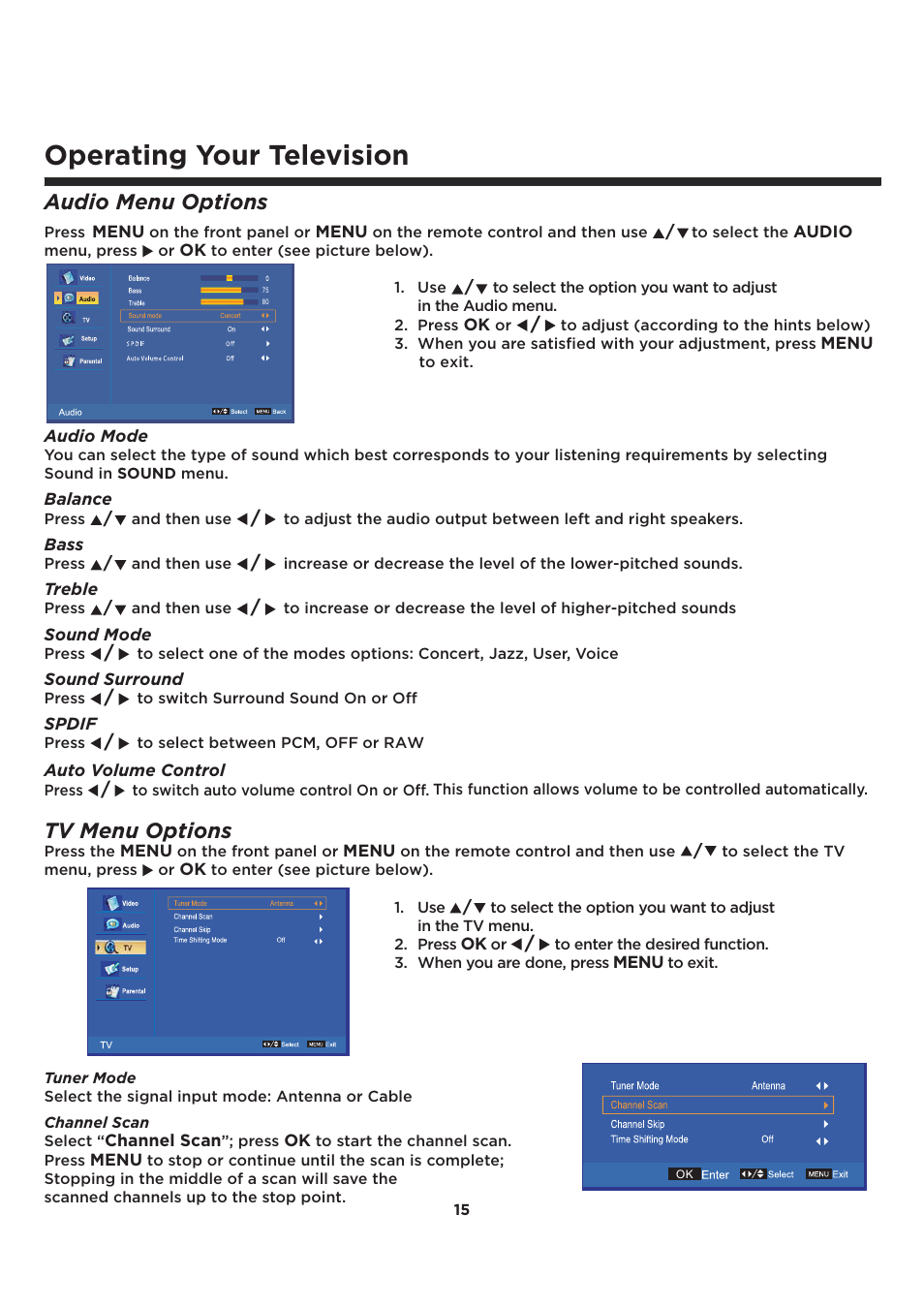Operating your television, Audio menu options, Tv menu options | Element Electronics ELCFT241 User Manual | Page 16 / 29
