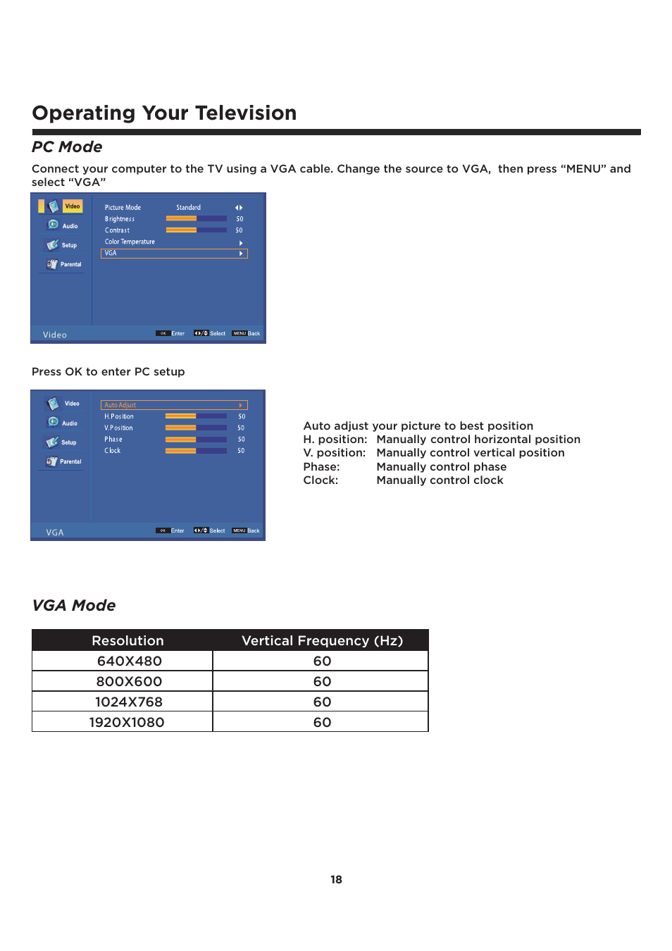 Operating your television, Pc mode, Vga mode | Element Electronics ELCFT241 User Manual | Page 19 / 29