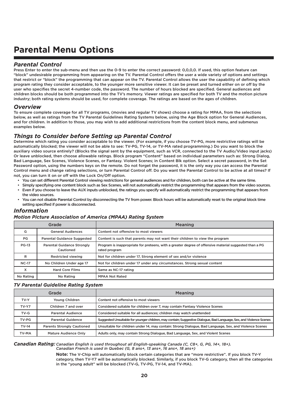 Parental menu options, Parental control, Overview | Information, Tv parental guideline rating system, Canadian rating | Element Electronics ELCFT241 User Manual | Page 21 / 29