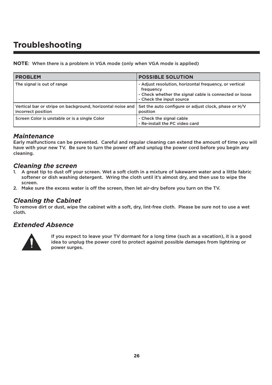 Troubleshooting, Maintenance, Cleaning the screen | Cleaning the cabinet, Extended absence | Element Electronics ELCFT241 User Manual | Page 27 / 29