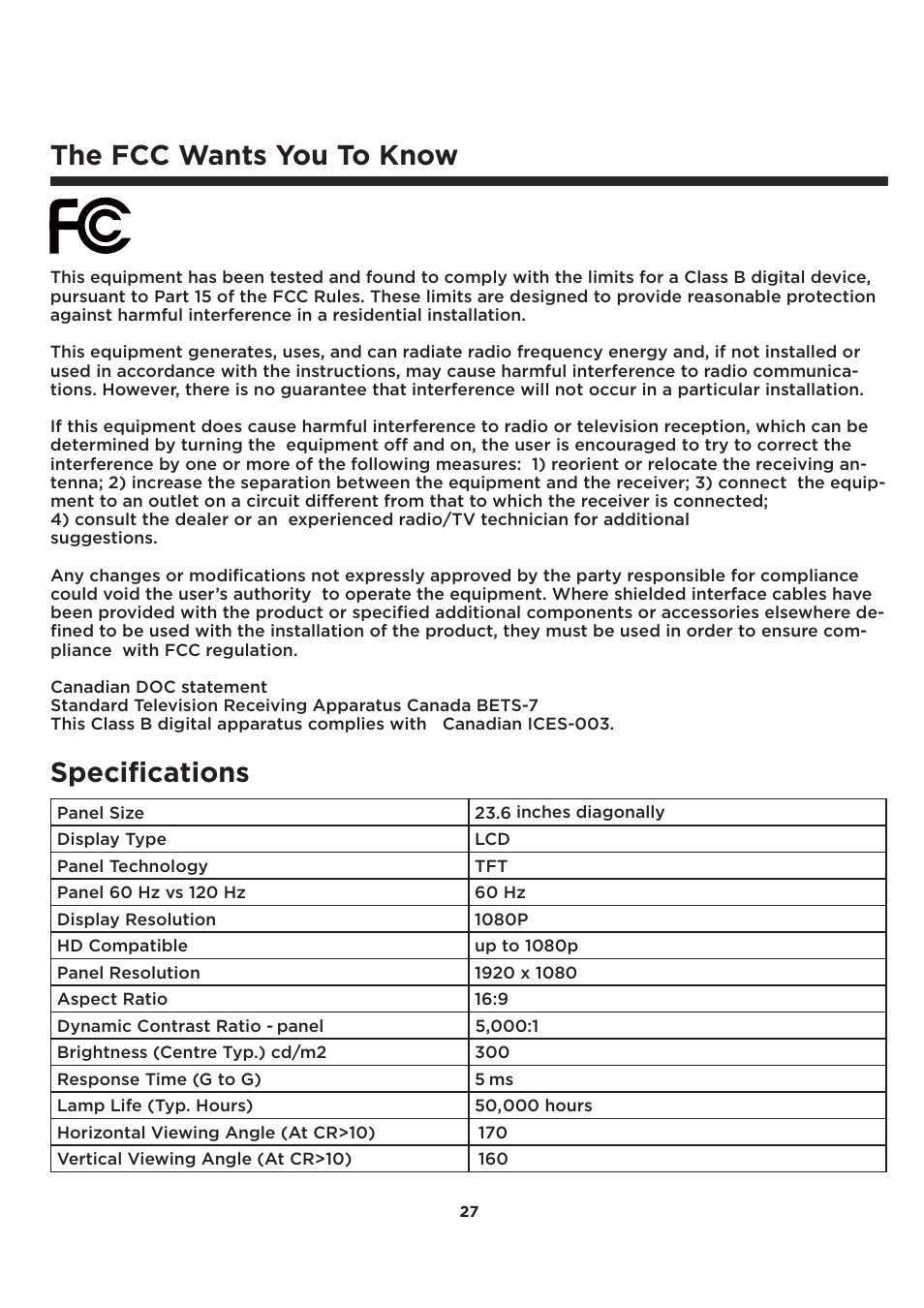 The fcc wants you to know, Speciﬁcations | Element Electronics ELCFT241 User Manual | Page 28 / 29