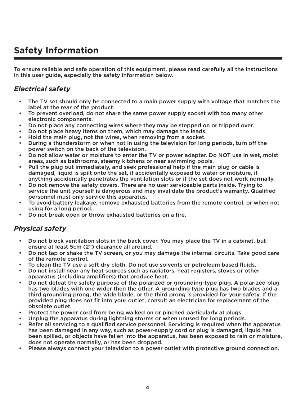 Safety information, Electrical safety, Physical safety | Element Electronics ELCFT241 User Manual | Page 5 / 29
