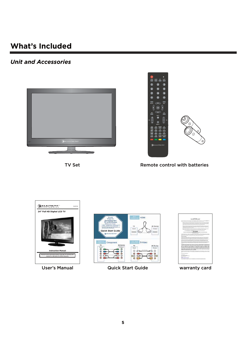 What’s included, Unit and accessories, Warranty card | Element Electronics ELCFT241 User Manual | Page 6 / 29