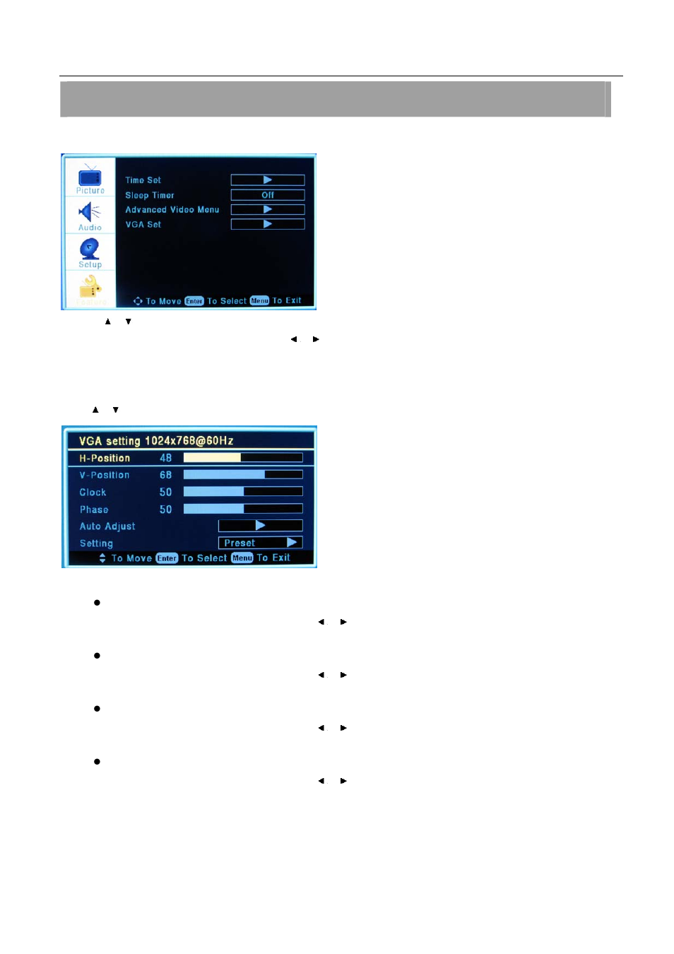 Setup menu operation – vga menu options, Vga menu options | Element Electronics 32LE30Q User Manual | Page 26 / 35