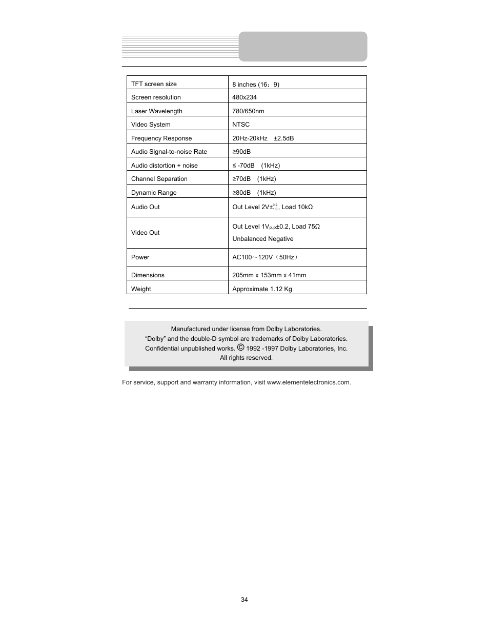 Specifications | Element Electronics PDZ-081E User Manual | Page 34 / 34